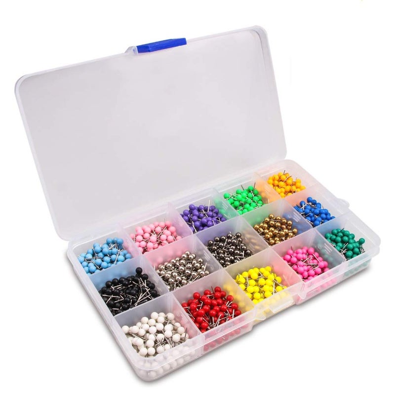 Yalis Push Pins Marking Map Tacks 1/8-Inch Plastic Beads Head, 15 Assorted Colors, 1500-count - Image 1